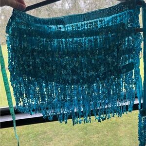 Teal Sequined Fringe Hip Scarf / sequent going out skirt